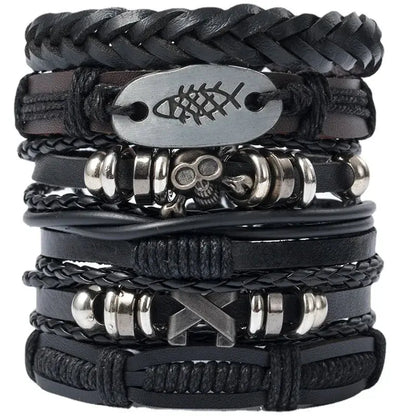 4/5/6pcs Evil Eye Wing Star Skull Diy Braided Punk Style Bracelet Set, Featuring Pu Leather And Beads Bracelet - DRACO COUTURE