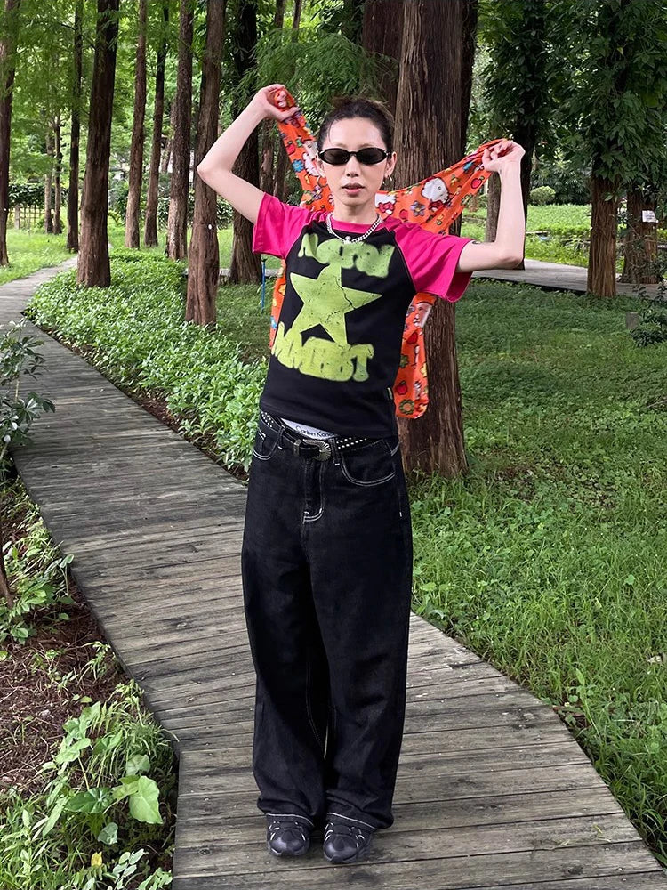 Y2K bestickte Wide-Leg-Jeans – Schwarz, hoher Bund