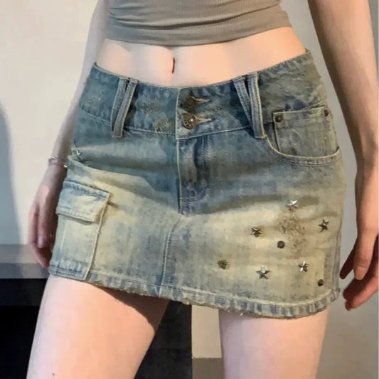 Vintage Star Cropped Studded Denim Mini Dress High-Waisted Slimming Women's Summer Trendy A- Line Skirt DRACO COUTURE