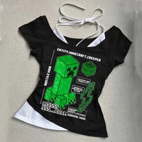 Punk Gothic Sexy Streetwear Slim Baby Tee 2000s Tops Y2k Fake two off shoulder T-shirts Harajuku Aesthetic Short Sleeve Clothing - DRACO COUTURE