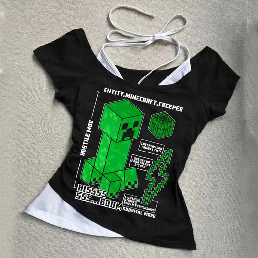 Punk Gothic Sexy Streetwear Slim Baby Tee 2000s Tops Y2k Fake two off shoulder T-shirts Harajuku Aesthetic Short Sleeve Clothing - DRACO COUTURE