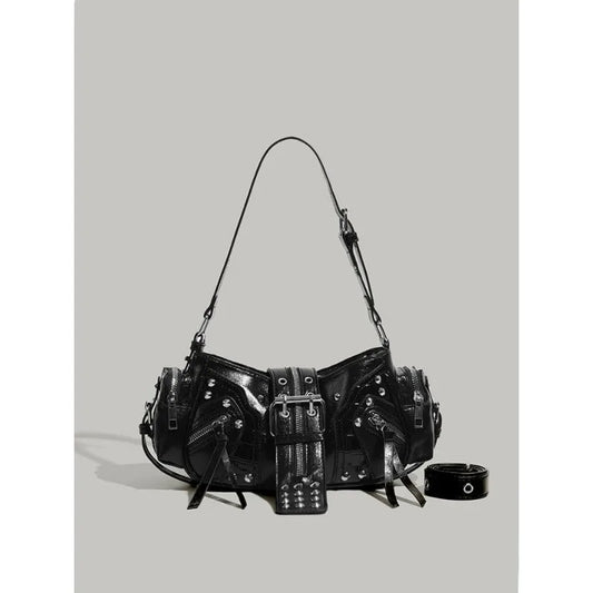 Y2k Black Motorcycle Shoulder Bag Women Punk Vintage PU Korean Fashion 2025 Small Underarm Bag Designer Gothic Handbag Female