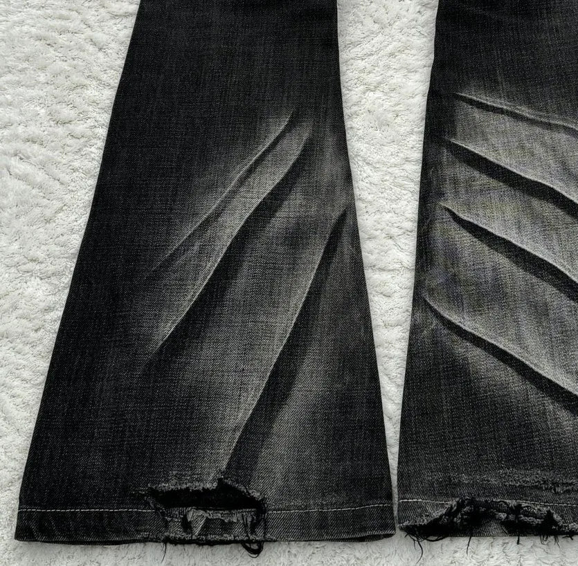 Y2K Schlagjeans mit Schnürung, Retro-Look, gewaschene Pfotenabdrücke, doppelter Bund, Slim Fit, Herrenjeans, Gothic-Stil, High Street Wear, Unisex-Bootcut-Jeans