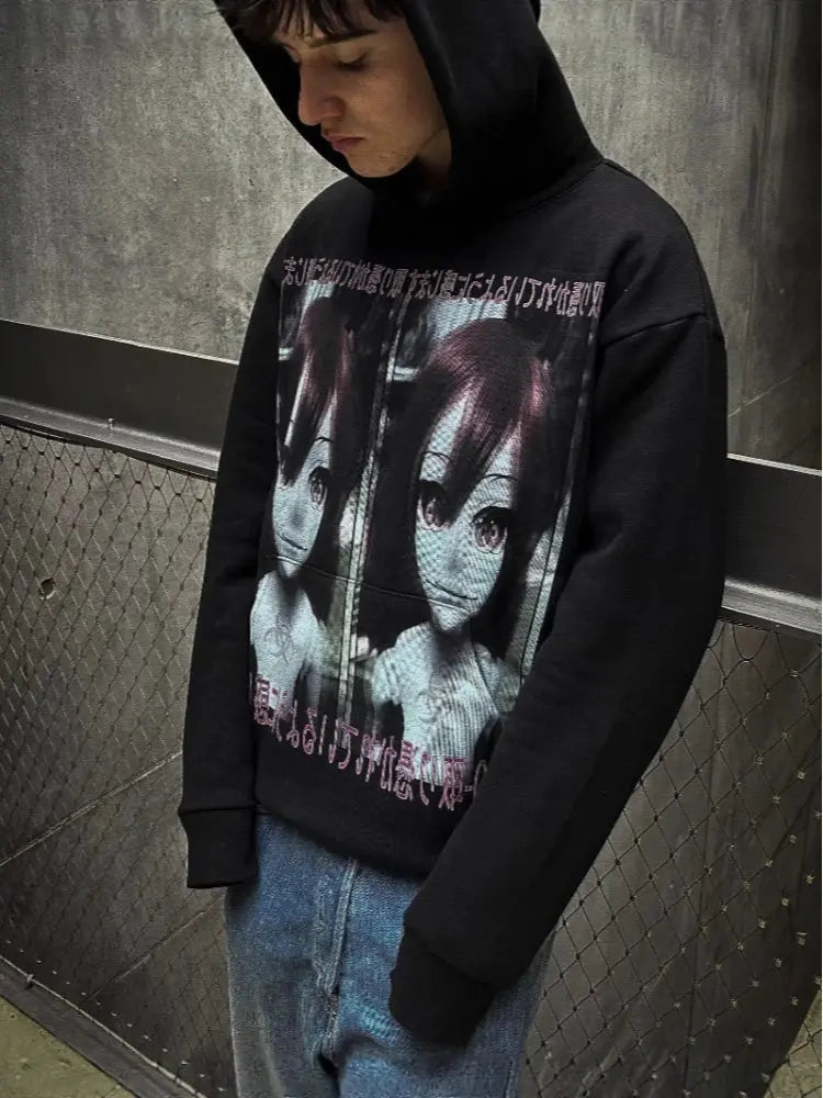 New 2025 Autumn And Winter Aesthetic y2k Dark Style Print Gothic Retro Street Punk Personality Casual emo Girl Hooded Sweatshirt - DRACO COUTURE