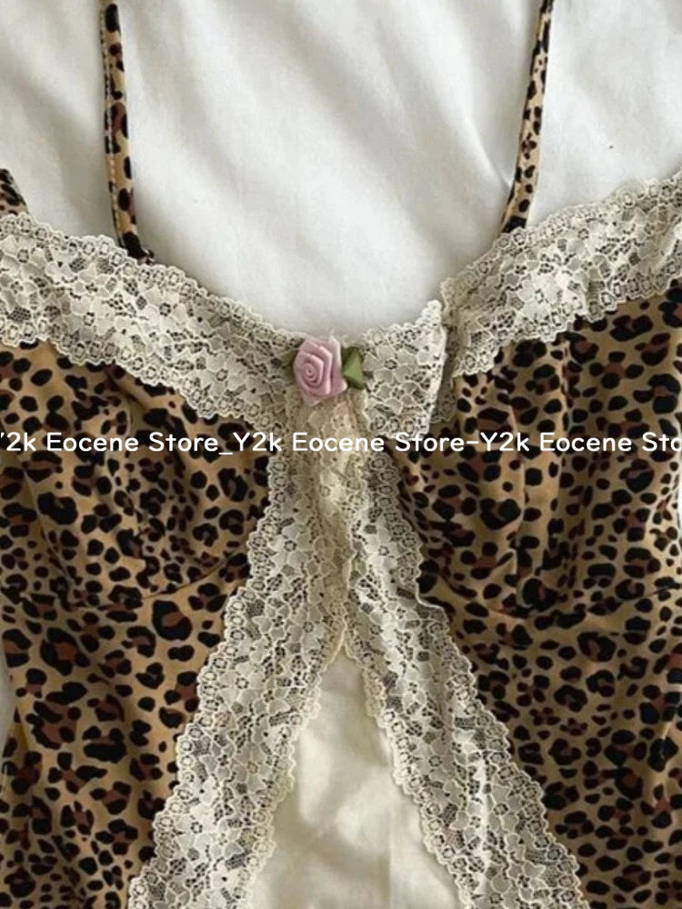 90s Y2k Leopard Print Lace Trim Cami Top Women Sexy V-neck Floral Lace Bralette Sleeveless Chic Summer Casual Sexy Fashion Tops DRACO COUTURE