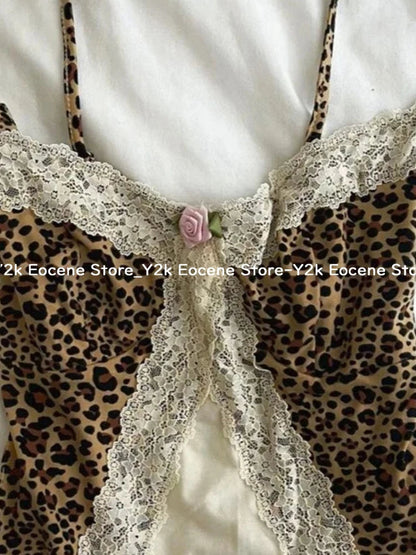 90s Y2k Leopard Print Lace Trim Cami Top Women Sexy V-neck Floral Lace Bralette Sleeveless Chic Summer Casual Sexy Fashion Tops DRACO COUTURE