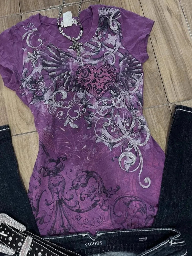 Women's Subculture Vintage Purple Print T-Shirt Summer Y2k American Retro Slim Tees Casual Harajuku Grunge Fashion Tops New