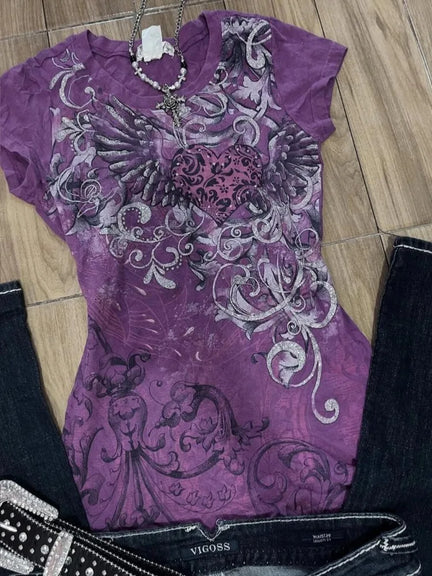Y2K Purple Print T-Shirt Women