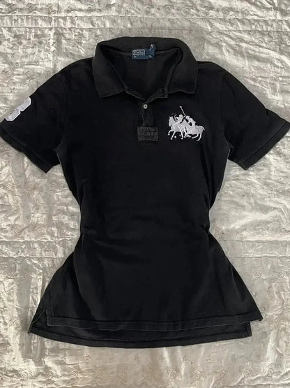 Trendy polo shirt women lapel T-shirts women's short sleeved 2025 new summer goth pure cotton vintage casual slim fit T-shirt - DRACO COUTURE