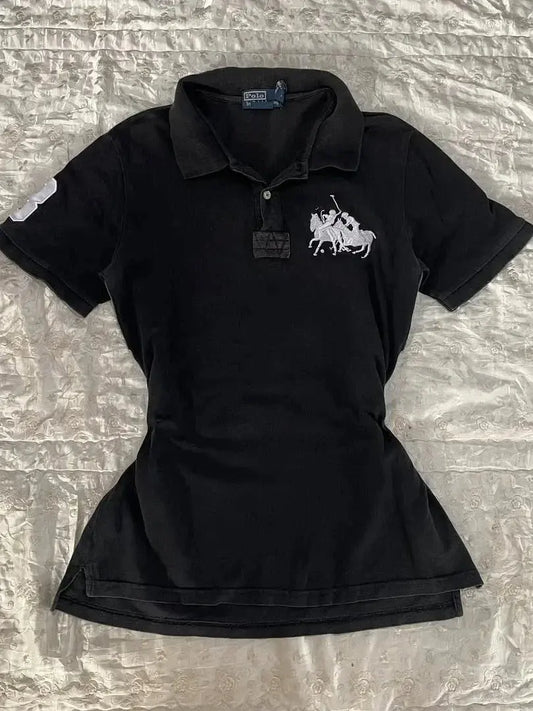 Trendy polo shirt women lapel T-shirts women's short sleeved 2025 new summer goth pure cotton vintage casual slim fit T-shirt - DRACO COUTURE