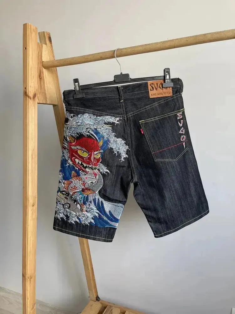 Streetwear Japanese Denim Shorts Y2K Jeans Mens Womens Harajuku Hip Hop Cartoon Baggy Shorts High Waist Casual Shorts - DRACO COUTURE