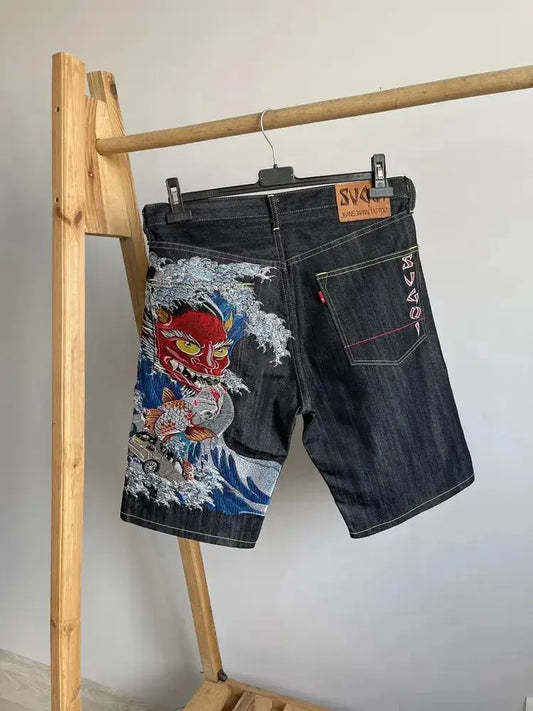Streetwear Japanese Denim Shorts Y2K Jeans Mens Womens Harajuku Hip Hop Cartoon Baggy Shorts High Waist Casual Shorts - DRACO COUTURE